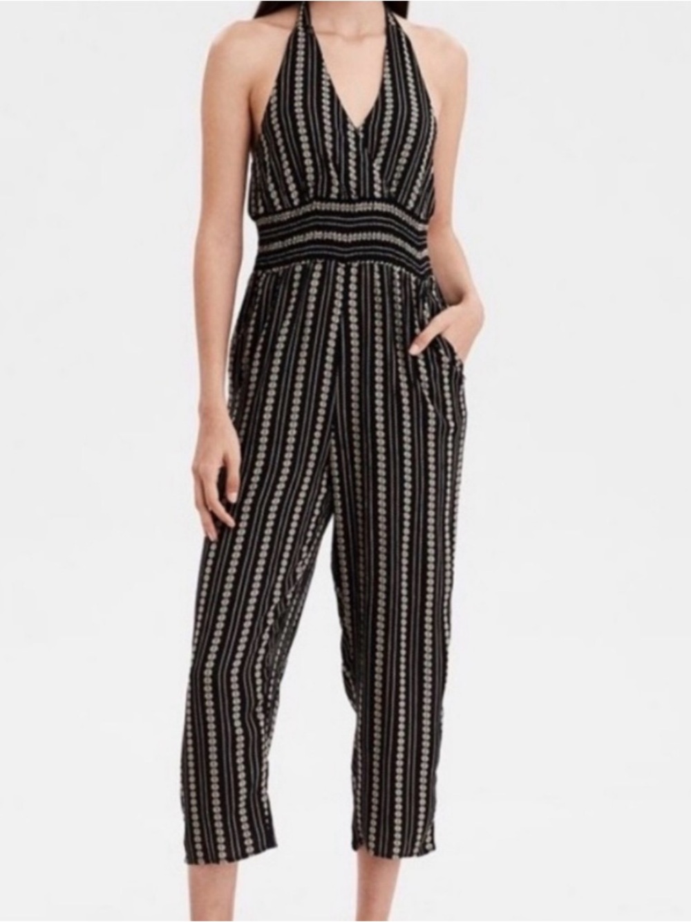 American Eagle Black and cream striped halter tie jumpsuit Size S